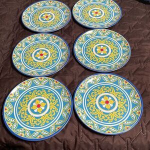 Melamine Vibrant Set 6 Blue Yellow Red 7 1/2” Salad Plate Mediterranean Floral